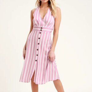 Lulu's Jacqui Lavender and White Striped Button Front Midi Dress